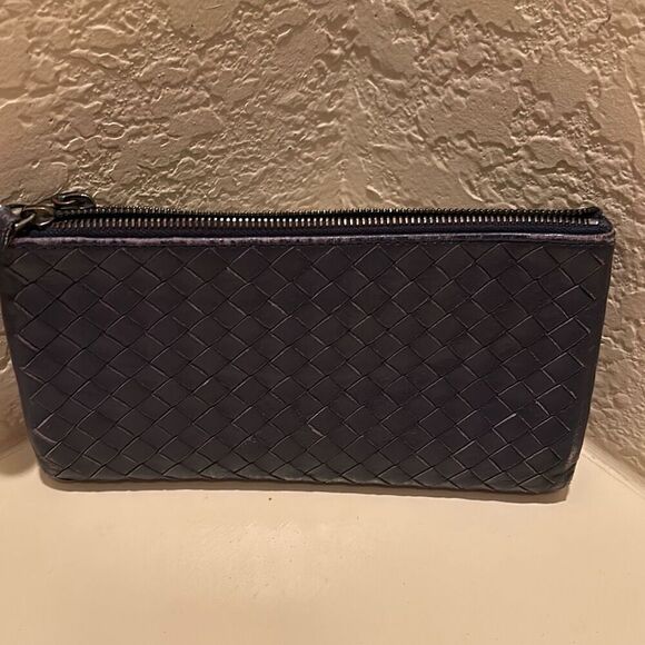 Bottega Veneta Double Zipper Foldover Clutch Wallet Navy Blue Woven Leather - Picture 2 of 14
